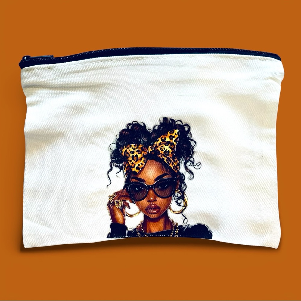 Compact Canvas Cosmetic or Feminine hygiene Sanitary Pouch Leopard-Print Bow Art